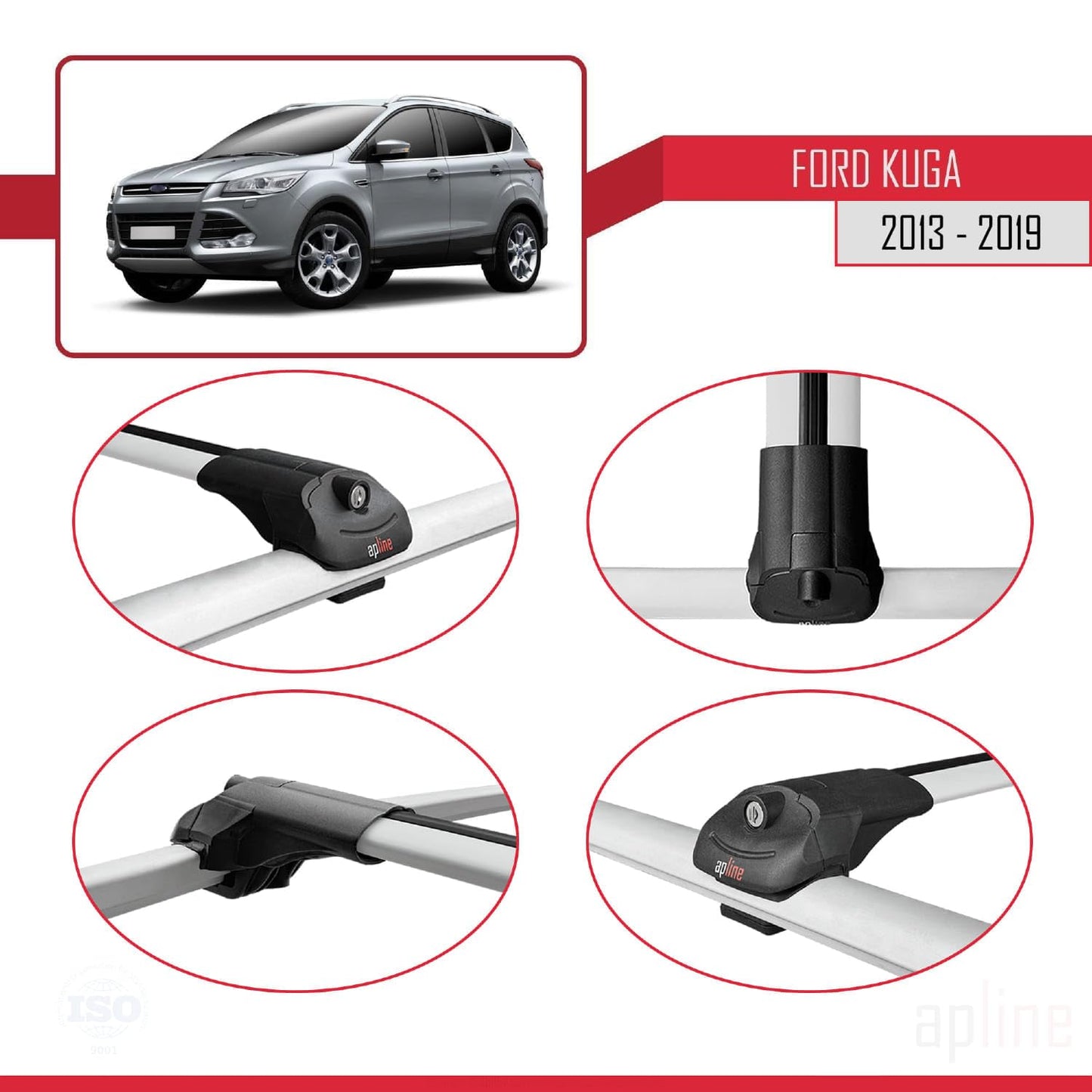 Alpine compatible with Ford Kuga 2 (C520) 2013-2019 ACE-1 Roof Rack Roof Rack Car Luggage Rack Gray Aluminum 2 Bars
