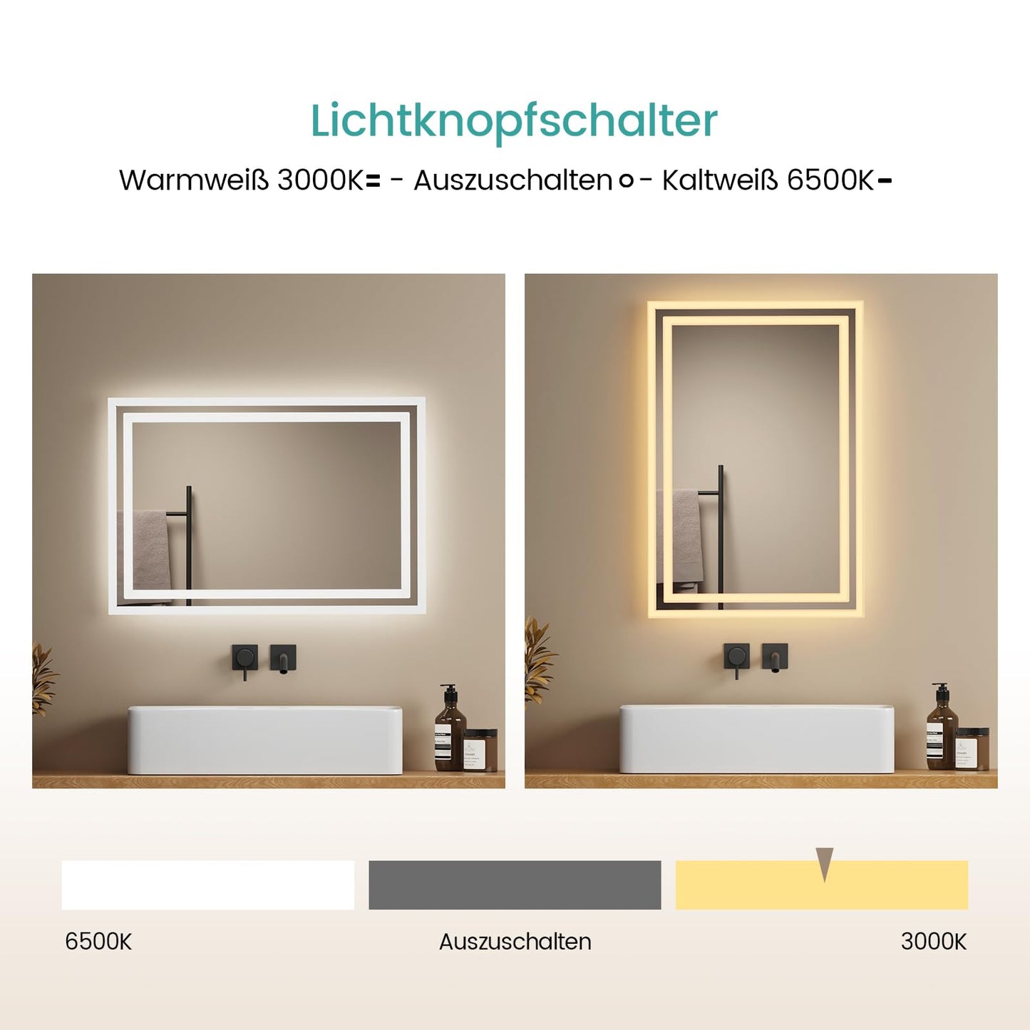 EMKE LED bathroom mirror with lighting 40x60cm. Anti-fog, cold and warm white light options. High-quality aluminum frame with IP44 rating. Energy-efficient with touch button switch.