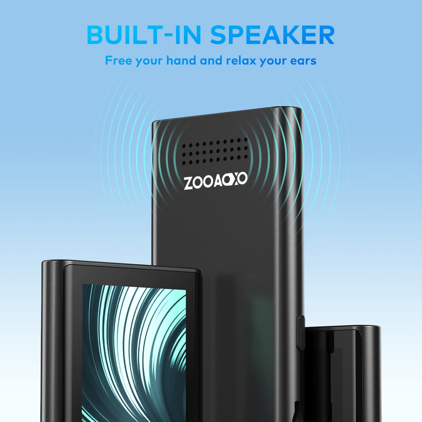64GB MP3 player, ZOOAOXO with Bluetooth 5.2, built-in HD speaker, FM radio, voice recorder, mini design, 70g weight, HiFi sound, perfect for sports, headphones included.