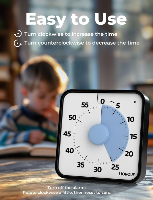 LIORQUE 19cm Visual Timer 60 Minute Countdown Timer with Large Screen for Kids and Adults Quiet Short-Term Timer for Kitchen School Office Battery Included