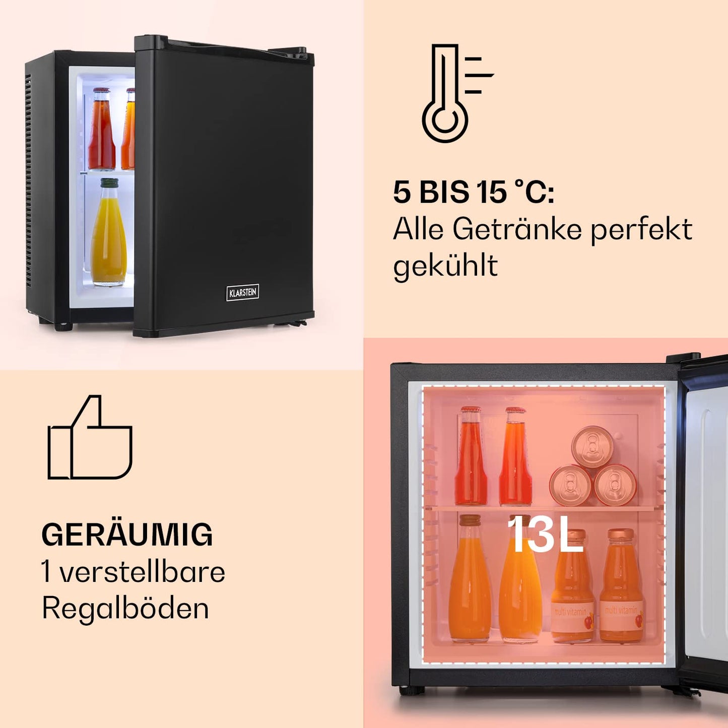 Klarstein mini fridge for rooms, 13L mini fridge for drinks & cosmetics, small minibar, fridge small & quiet, adjustable shelf, small skincare fridge 5-15°C