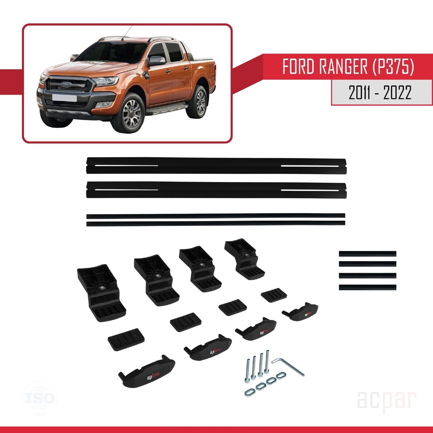 acpar Compatible with Ford Ranger (P375) 2011-2022 Basic Model Roof Rack Cross Bars Black Aluminum 2 Bars