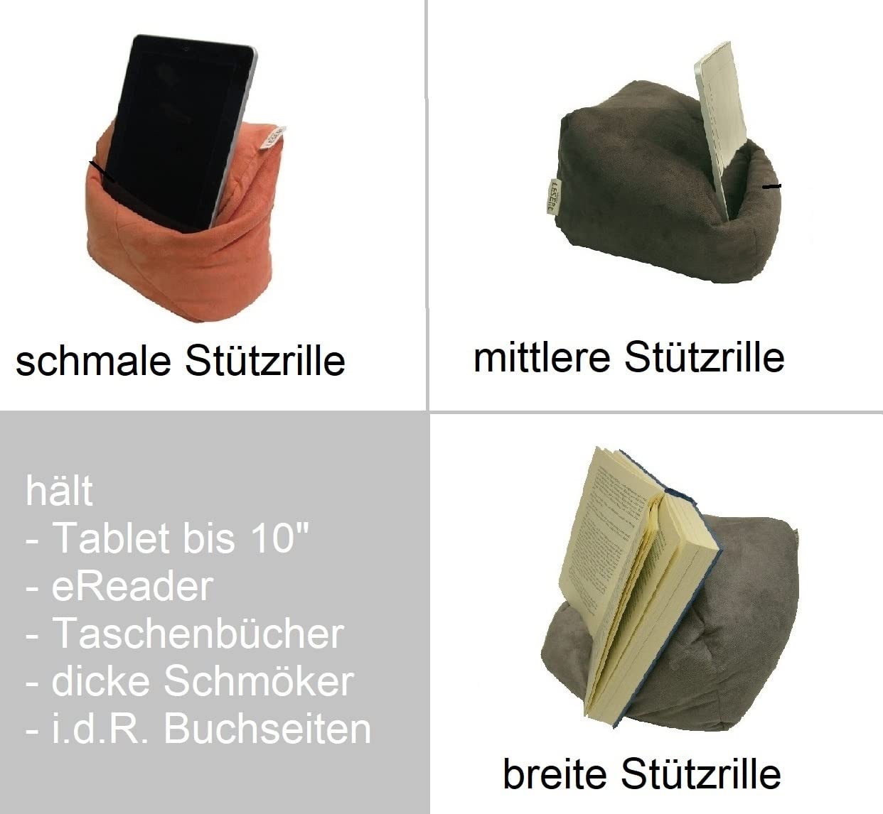 LESEfit soft book pillow reading pillow - flexible book holder for bed - Handmade from non-slip suede imitation & microbeads - soft washable rotatable - matte gray