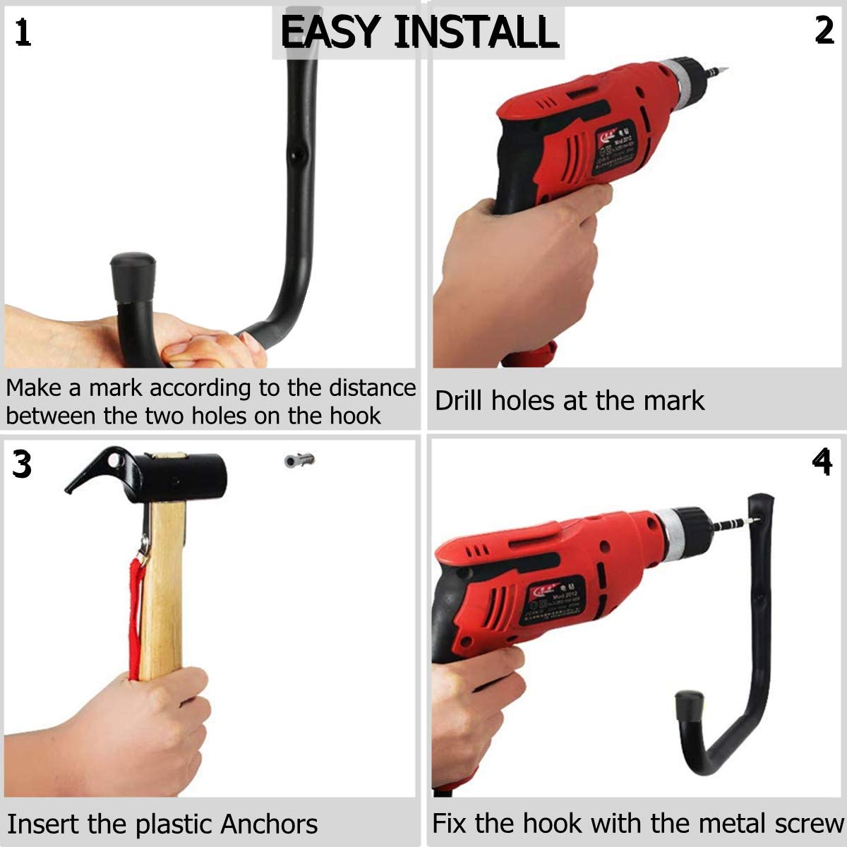 pipabiba 17 cm garage ladder hooks, 6 pieces, sturdy wall mount, organizer for folding chairs, bicycles, power tools, garden hoses (19 cm x 17 cm)