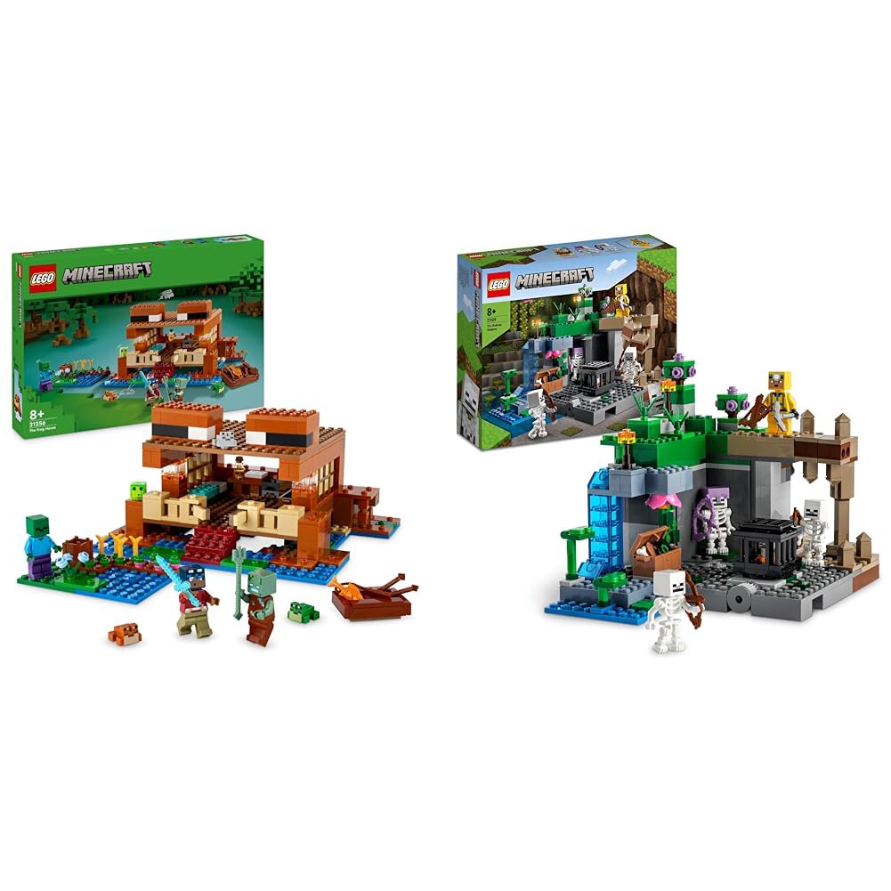 LEGO Minecraft The Frog House, toy house with figures incl. Zombie & Minecraft The Skeleton Dungeon, set with caves, skeleton figures, enemy creatures, and accessories, toy for kids 21189