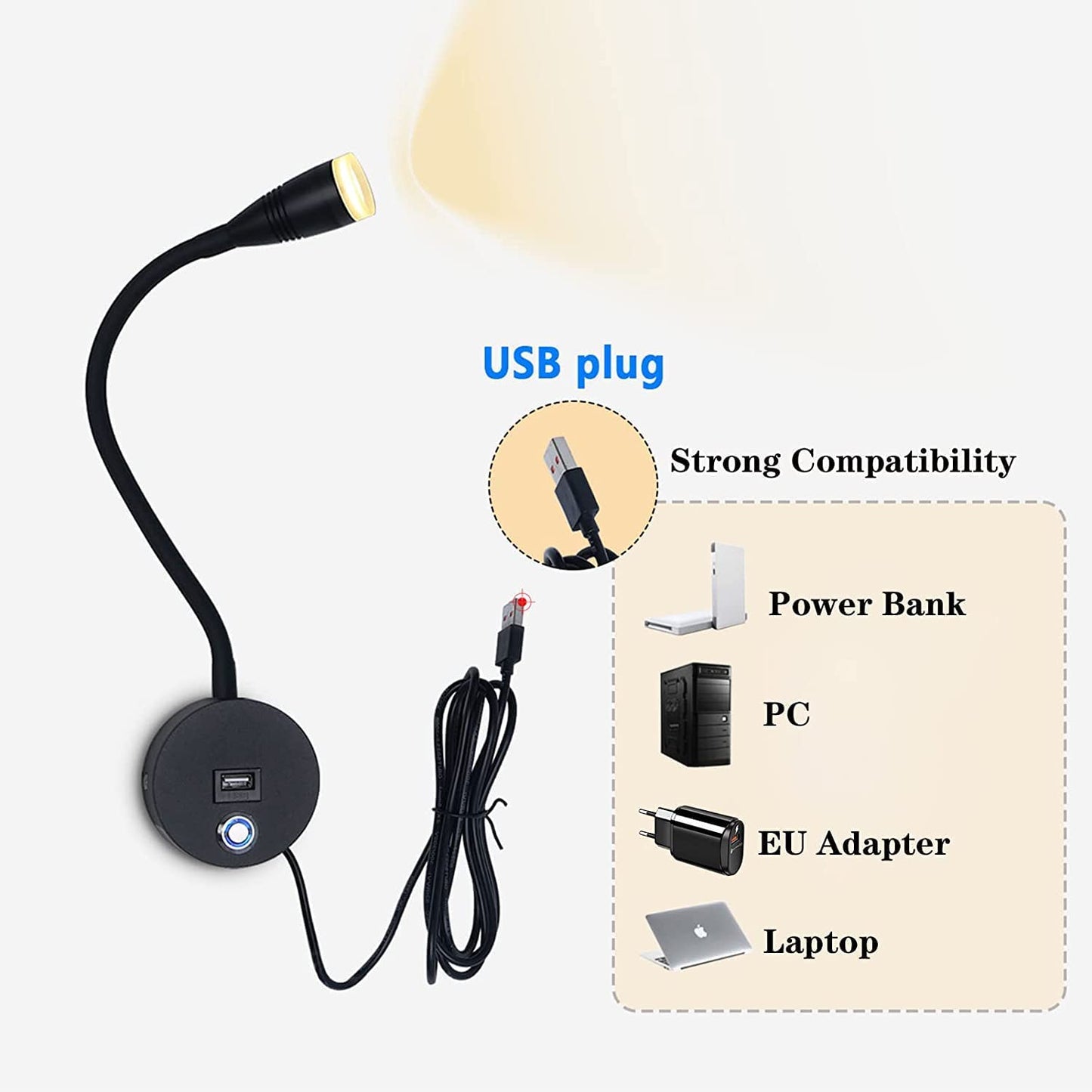 Bedside Reading Lamp Dimmable LED Wall Light with Touch Switch and USB Port, 3W Reading Light 360° Flexible Gooseneck Lamp Bedroom Bedside Lamp Bed Wall Mount Wall Light with EU Adapter