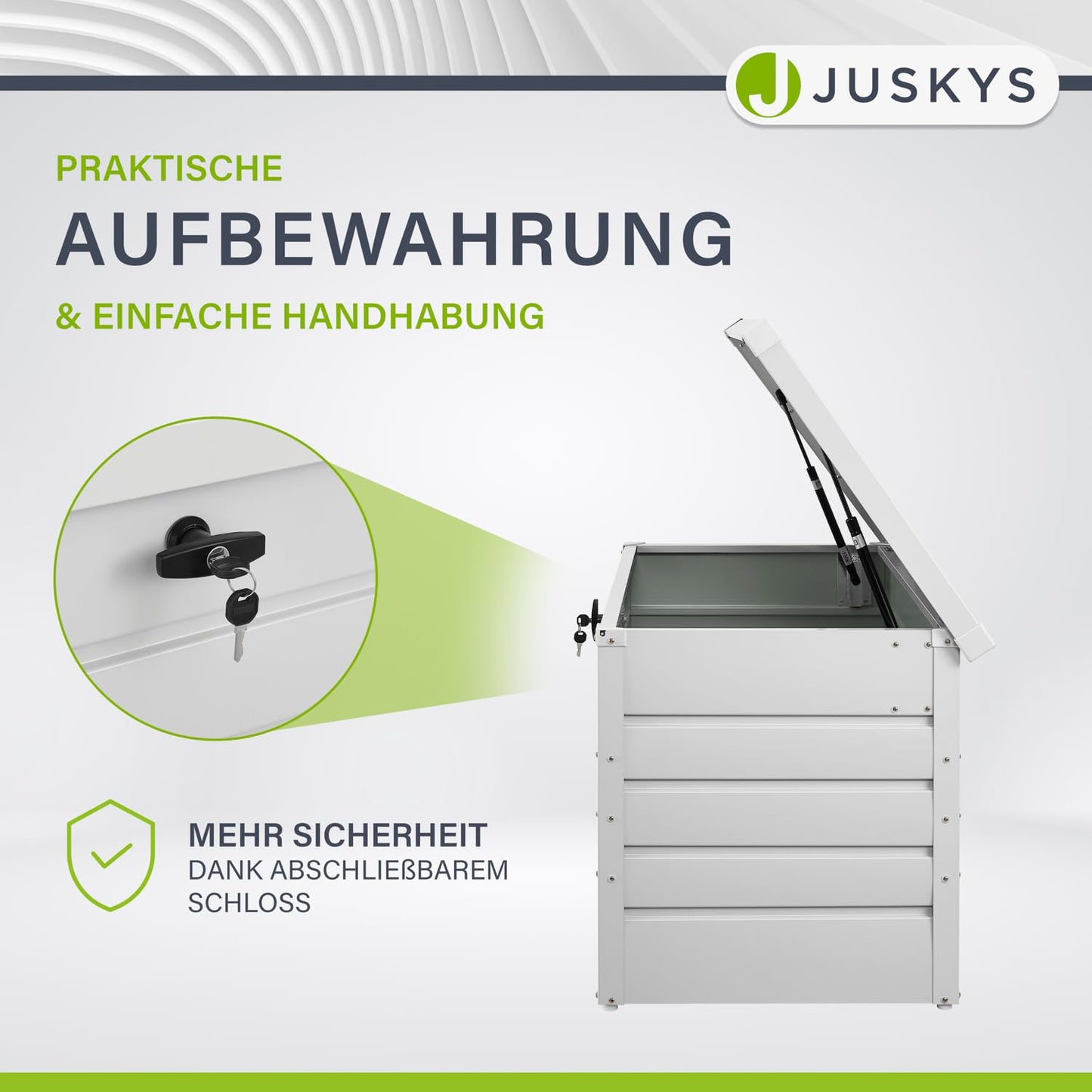 Juskys Metal Storage Box Limani 380 liters - Outdoor Box - waterproof, lockable - white garden box, cushion box for garden.