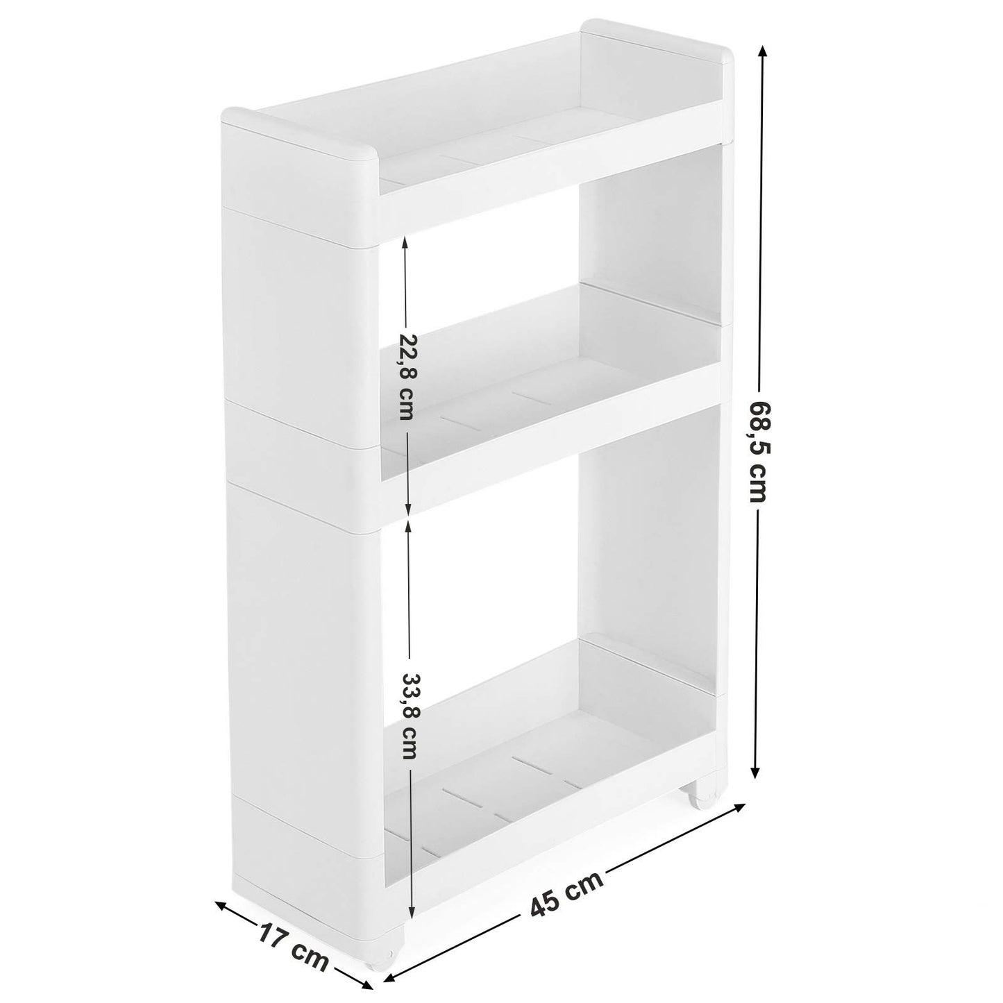 SONGMICS narrow gap storage cart with 3 shelves, niche cabinet on wheels for kitchen, bathroom, basement, KFR09WT, white, 45 x 17 x 68.5 cm