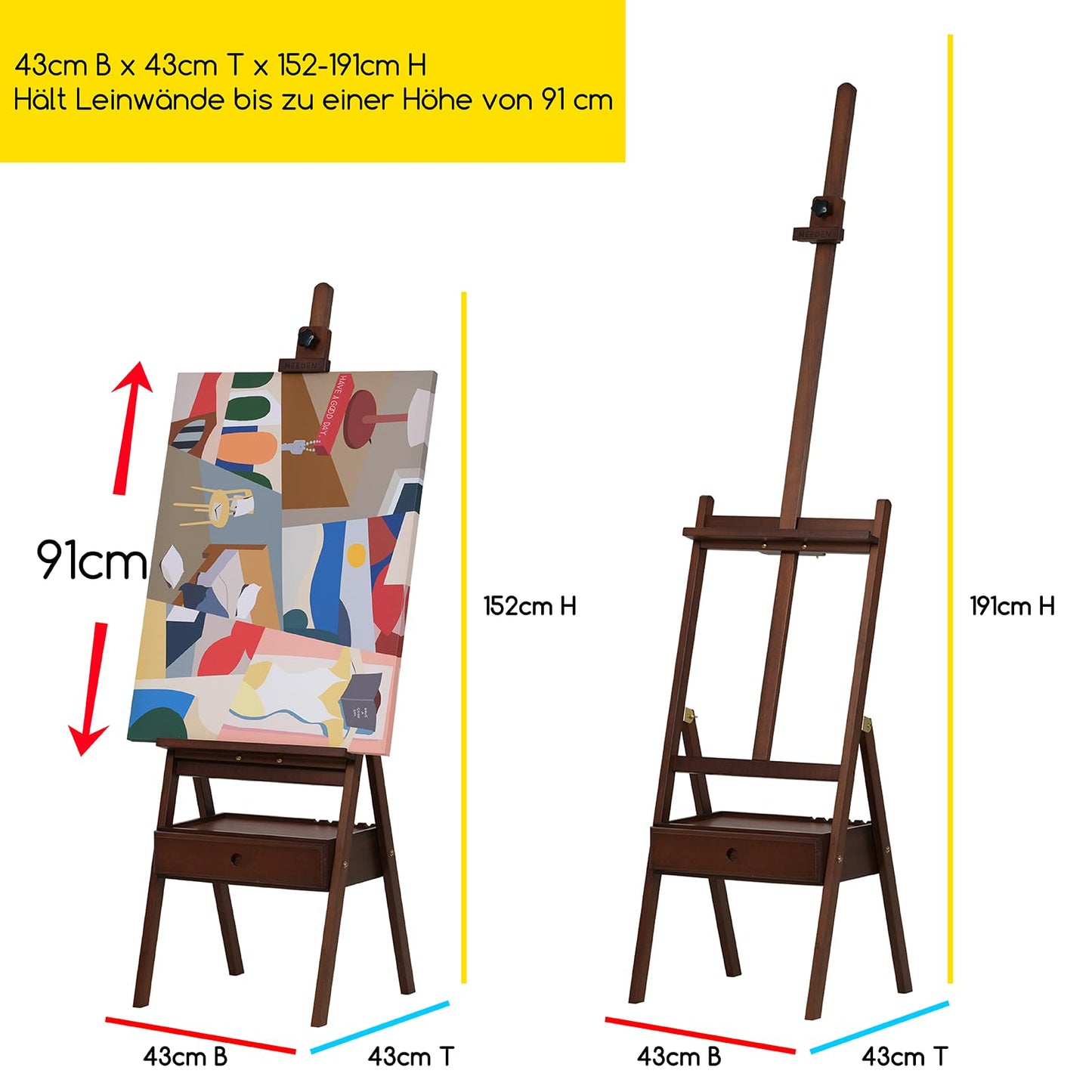 MEEDEN wood easel with storage drawer, adjustable canvas stand made of German beechwood, ideal for artists and adults, holds canvases up to 91cm.