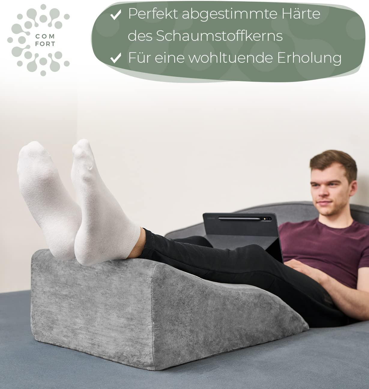 Ergonomic leg wedge pillow for elevating legs - leg rest cushion for raising legs - leg elevation pillow - wedge pillow support for legs & knees ideal as lymphatic and vein support for both legs.