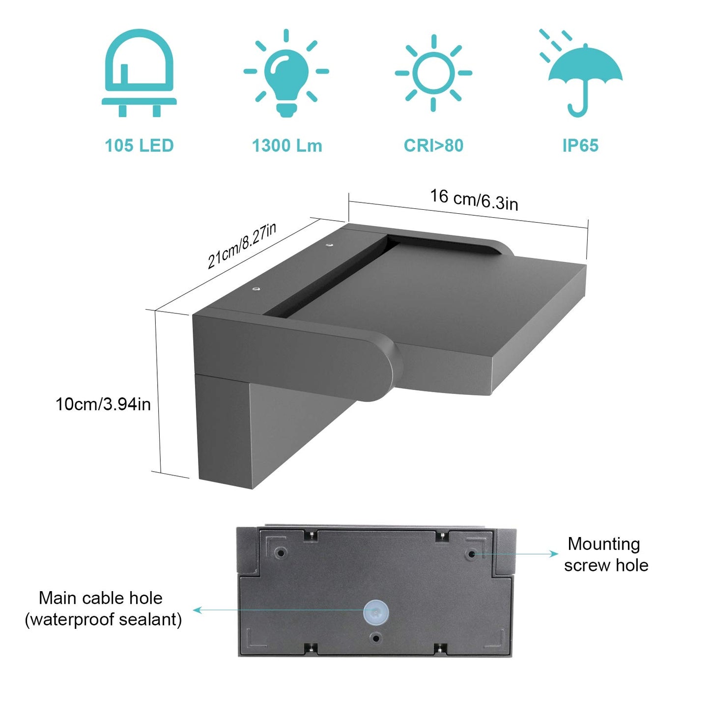 Klighten 24W outdoor indoor wall light, waterproof IP65 modern wall lamp with swiveling LED panel for patio entrance, 1500 lumens, dark grey, natural white 4000K.