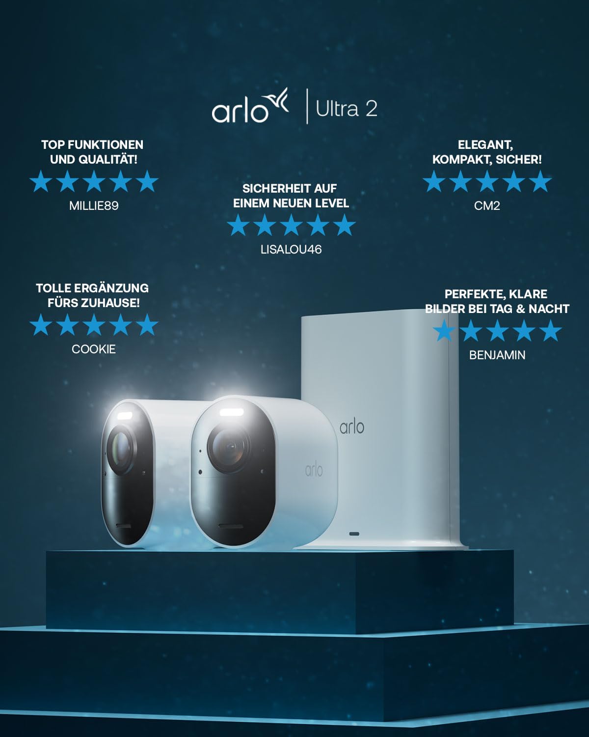 Arlo Ultra 2 outdoor surveillance camera, wireless, 2-pack, 4K UHD quality, 180° field of view, spotlight, color night vision, motion detector, alarm siren + with Arlo Secure trial period.
