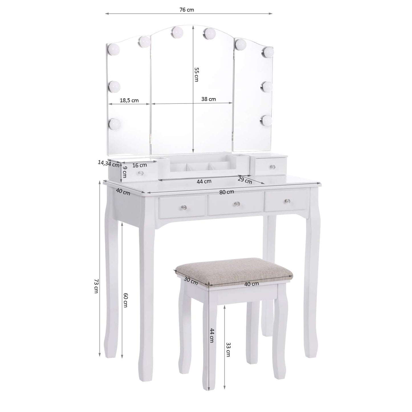 ANWBROAD Vanity Table with Lighted Mirror Tri-Folding Makeup Vanity Set 10 LED Bulbs 5 Drawers 2 DIY Dividers Cushioned Stool Removable Organizer White BDT05W