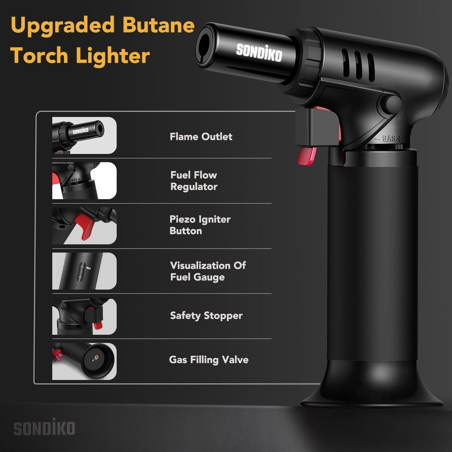 Sondiko Flambé Torch with Fuel Gauge S907, Refillable Bunsen Burner for Kitchen, Pastry, Desserts, Camping (Butane not included)
