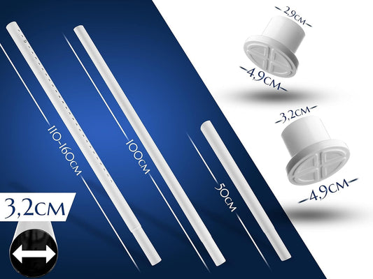 MEISENBERG Telescopic Pole without drilling 260-310cm, Ø32mm White Multifunctional Curtain Rod Clampable - Curtain Rod, Tension Rod Extendable - for your curtains, partition and balcony