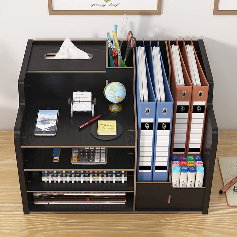 Wooden desktop organizer, large capacity, tidy storage holder, DIY office supplies, storage box for A4 papers, documents, and notebooks (JB07 Black).
