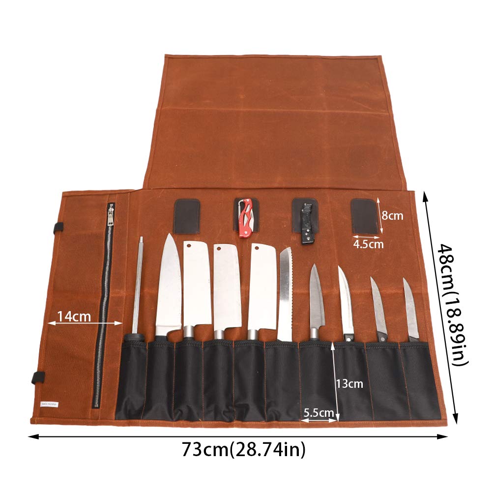 QEES Chef Knife Roll Bag 16 Oz waxed canvas waterproof zipper tool bag 15 slots kitchen gadgets small knives display storage bag gift for dad husband