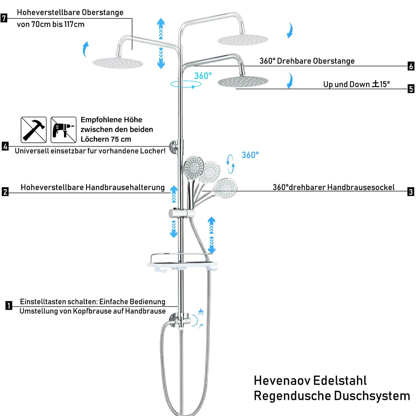 Hevenaov shower system without faucet in chrome, rain shower head without faucet, stainless steel shower set without faucet, 20 cm round rain shower.