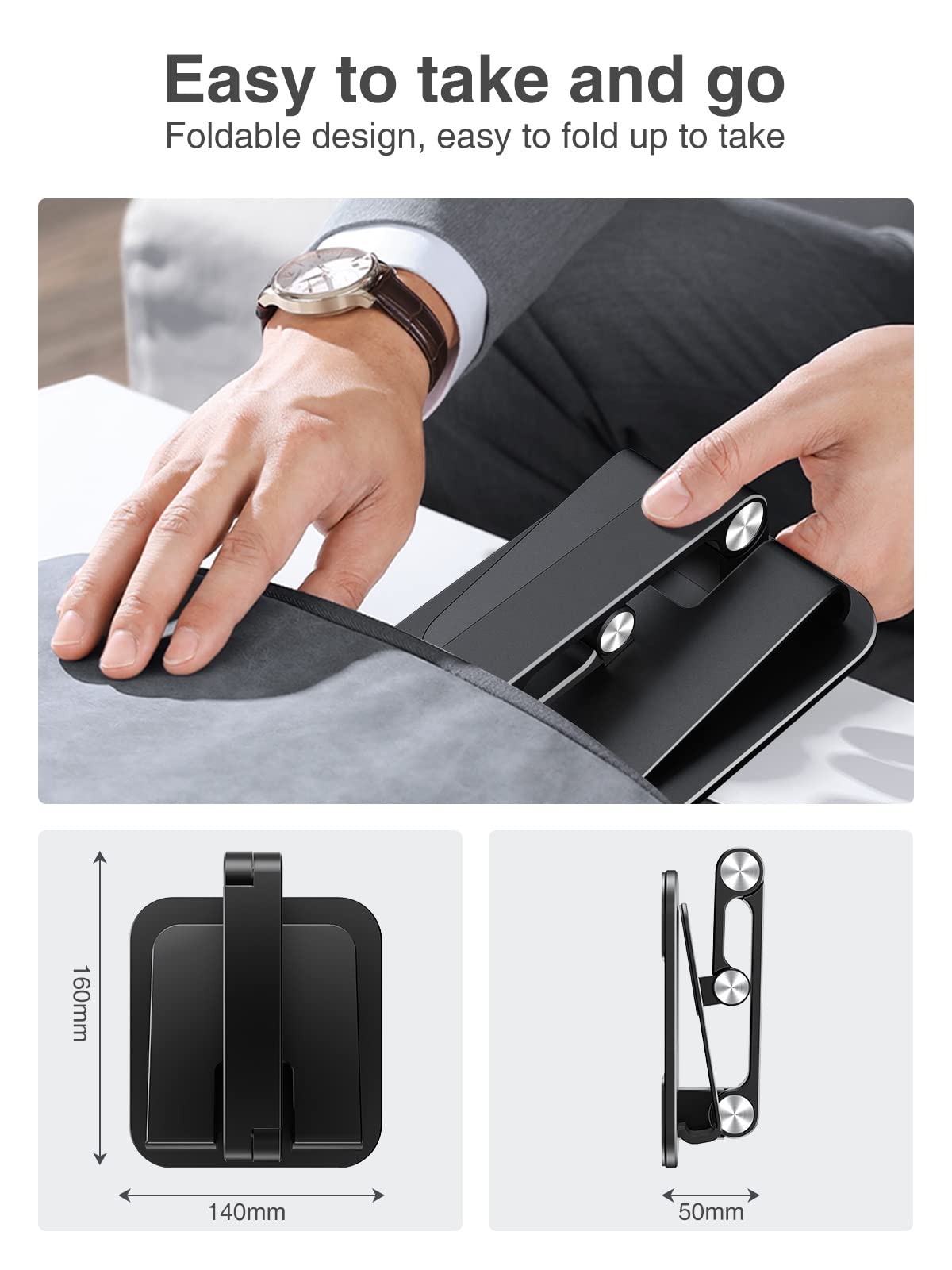 Elitehood Adjustable Aluminum iPad Stand, Adjustable Tablet Holder for Table, Foldable Tablet Stand for iPad Pro 12.9, Air, Mini, Galaxy Tab up to 4-1 Inch - Black