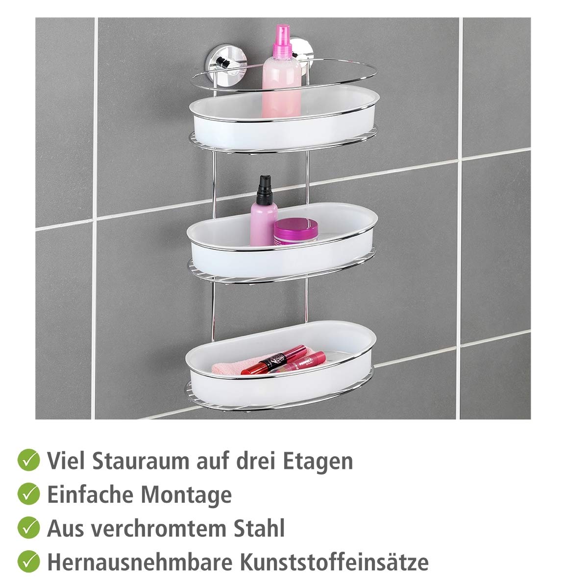 WENKO Vacuum-Loc wall shelf 3 tiers Milazzo, wall shelf without drilling, shower shelf, shelf for bathroom and kitchen, chromed metal with white plastic insert, 28 x 47.5 x 15 cm