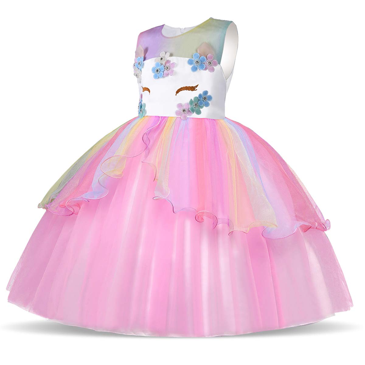 URAQT Kids Unicorn Costume Dress, Girls Unicorn Skirt, Flower Girls Sleeveless Party Dress, Birthday Dress Fancy Dress, Carnival Costume with Unicorn Outfit Set, 110cm (Pink-B)