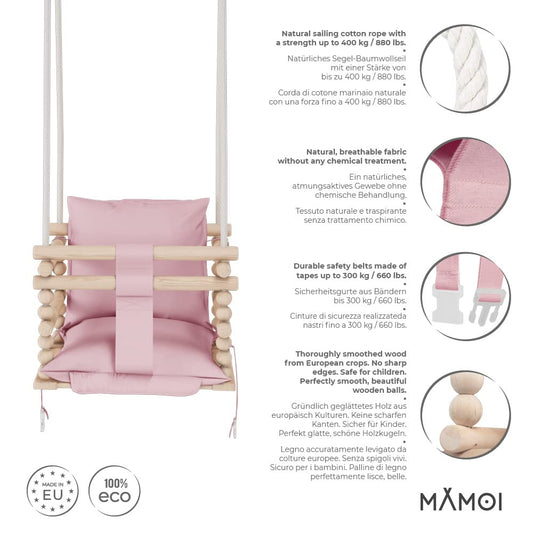 MAMOI® baby swing, indoor swing, wooden swing for babies and children, children's swing, wooden swings, toddler swing for nursery and door frames, 3 in 1.
