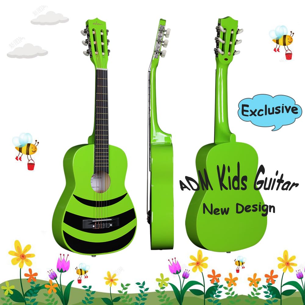 ADM 1/4 Children's Guitar Junior Classical Guitar for Beginners with Tuner, Bag, Strap, Extra Strings, and Picks, Green Honeybee