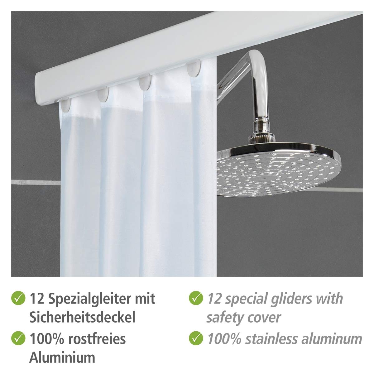 WENKO Telescopic Shower Curtain Rail Era White, extendable rail made of rust-free aluminum, for hanging all shower curtains, including attachment without drilling, 75-125 x 2 x 3.5 cm