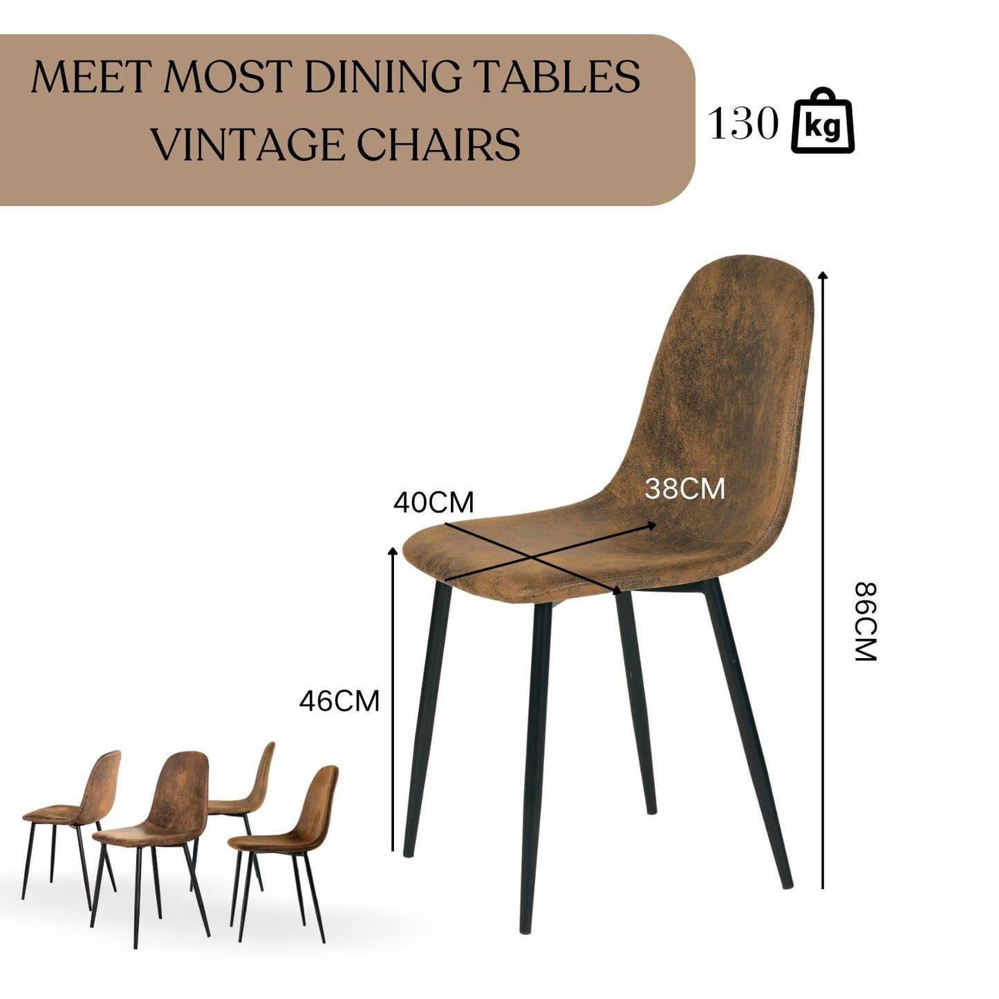 Homy Casa 4 Piece Dining Chairs Scandinavian Vintage Artificial Suede Seat with Steel Legs in Black