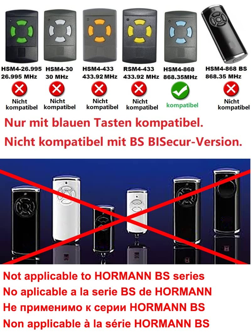 2X Hörmann HSM2 868 / Hörmann HSM4 868 transmitters, remote control, 4-channel 868.30Mhz for garage doors with 4 buttons (Not compatible with Hörmann Bisecur) 3-year warranty.