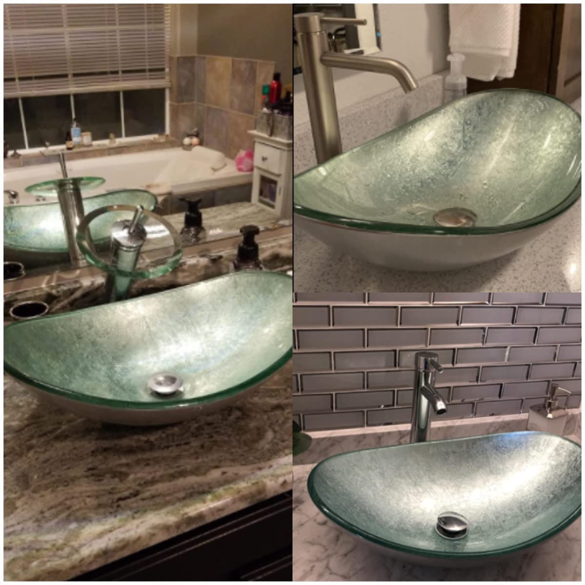 ARTETHYS Glass Countertop Basin with Faucet Drain, Oval Washbasin Vanity Set Silver, Bathroom Kitchen, Guest WC