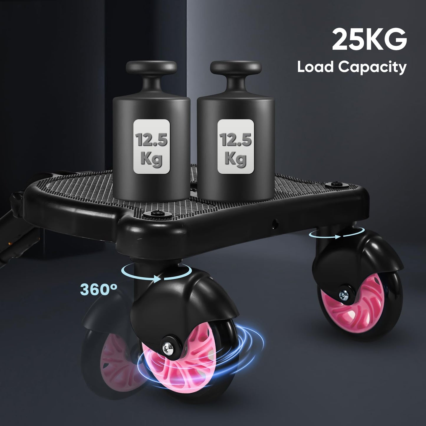 Buggy Board with Seat, FNRIDS Stroller Ride On Board Universal, with Hanging Strap, stable Two Wheel Design, 360 degree rotation, Stroller Accessory for children aged 2 to 6 years (25 kg) (Pink)