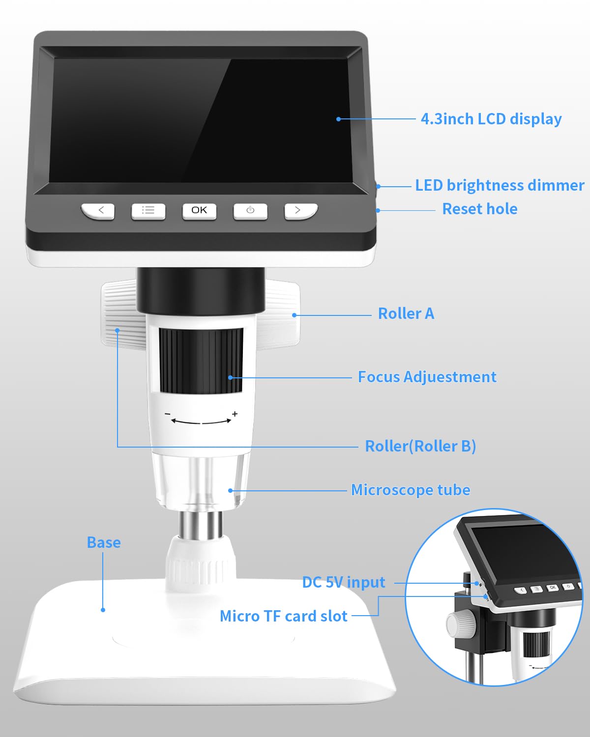 CIMELR 4.3" Digital Microscope, 50X-1000X resolution, USB microscope with 8 adjustable LEDs, microscope for adults/kids (307-B)