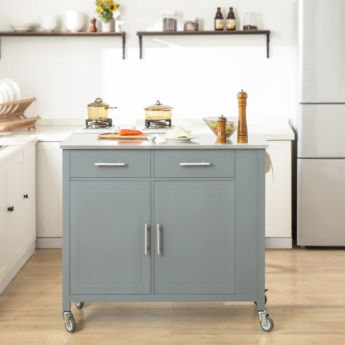 SoBuy kitchen trolley with stainless steel top, rolling cart with side shelf, sideboard, kitchen island, kitchen cabinet & serving cart on wheels, mobile trolley for kitchen organization in gray, 107x94x46 cm FKW108-HG.