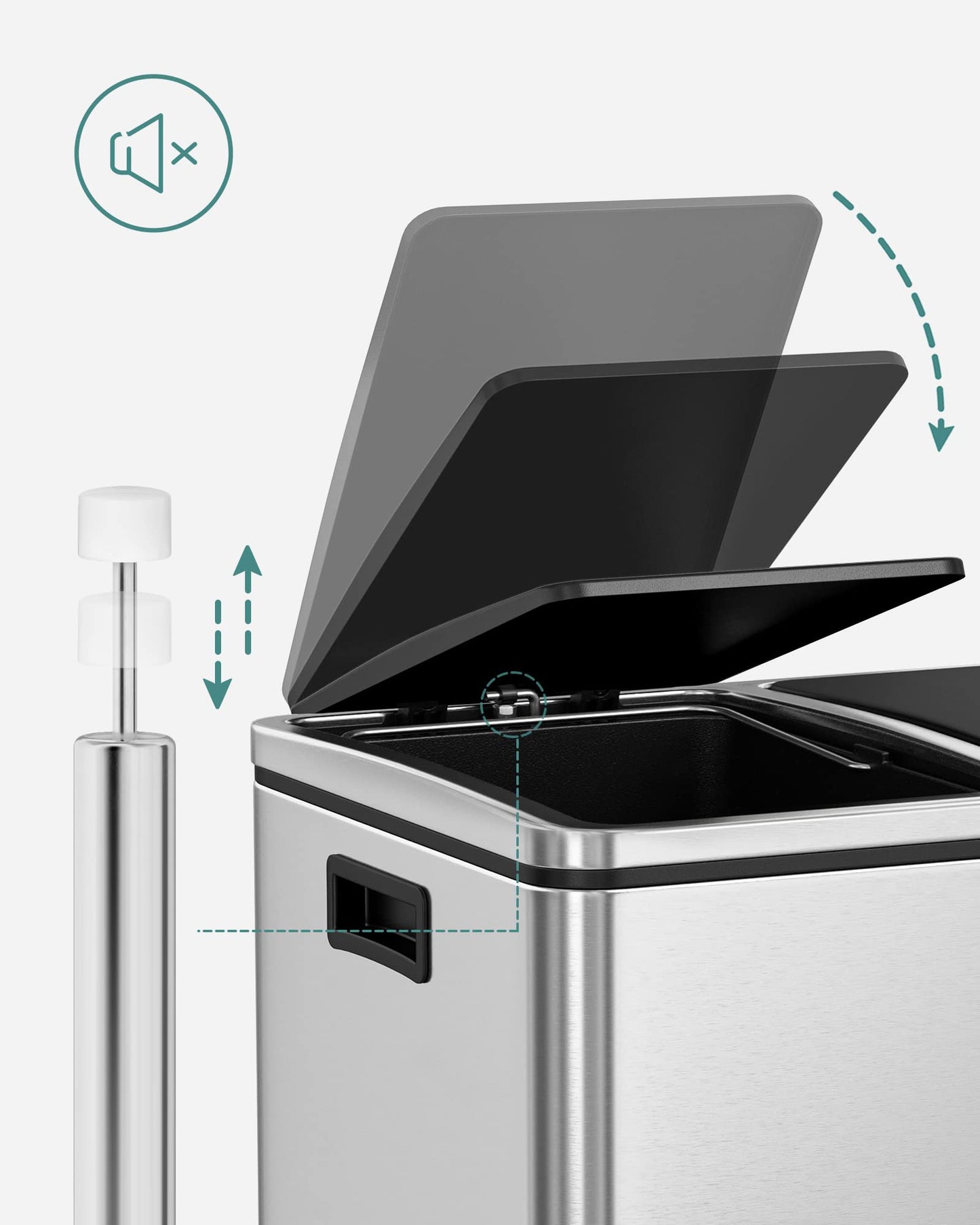 SONGMICS Trash Can, Waste Bin, Recycling System with 2 Compartments, Step Trash Can for Kitchen, 2 x 24L, Softclose, Plastic Inner Buckets, with Foot Pedals and Handles, Silver LTB48NL