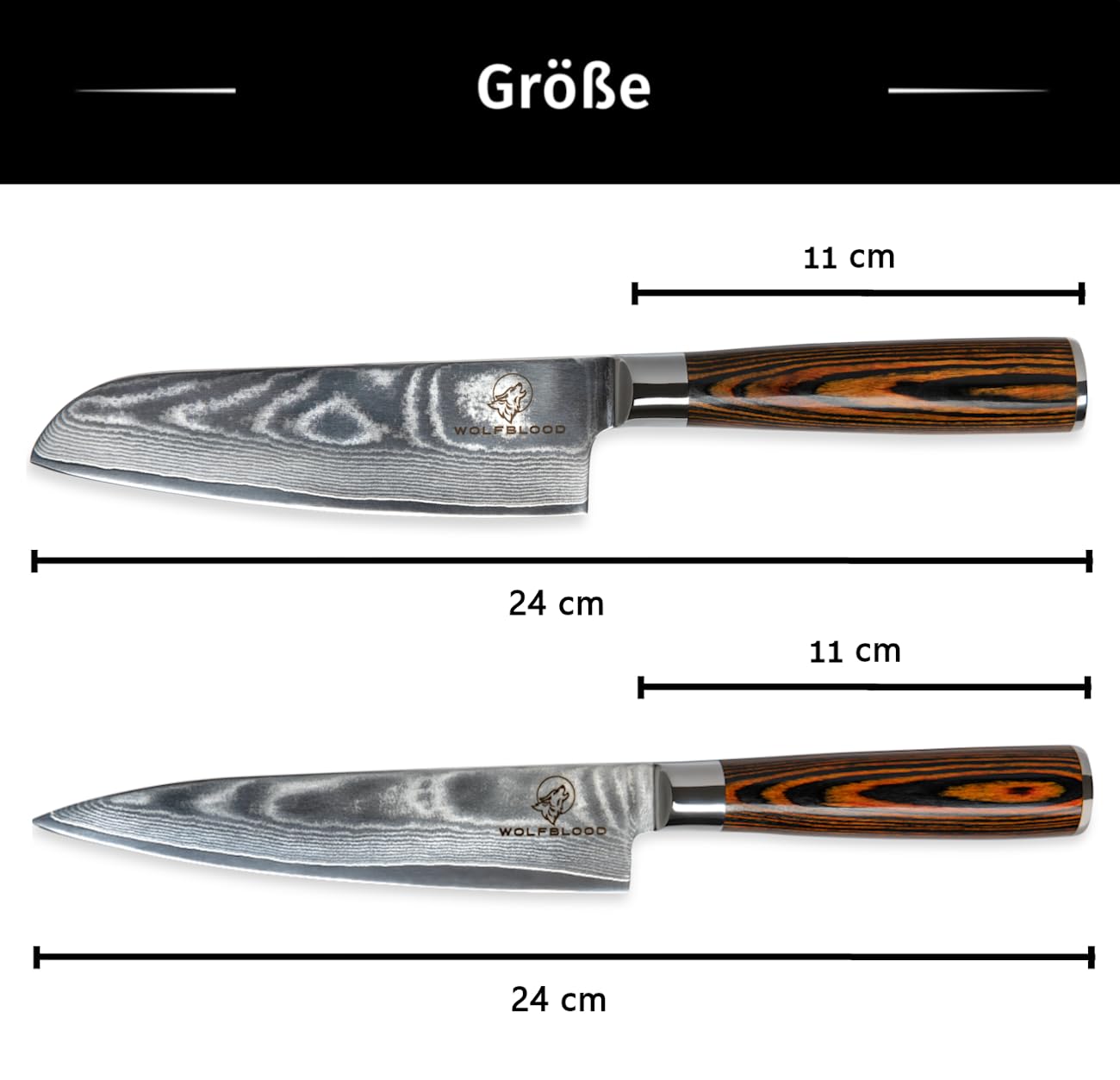 Wolfblood Damascus Knife Set 2 pieces (24cm) Professional Damascus Kitchen Knives made of 67 layers of Damascus steel - with Chef's knife Santoku knife wooden handle gift box and blade guard