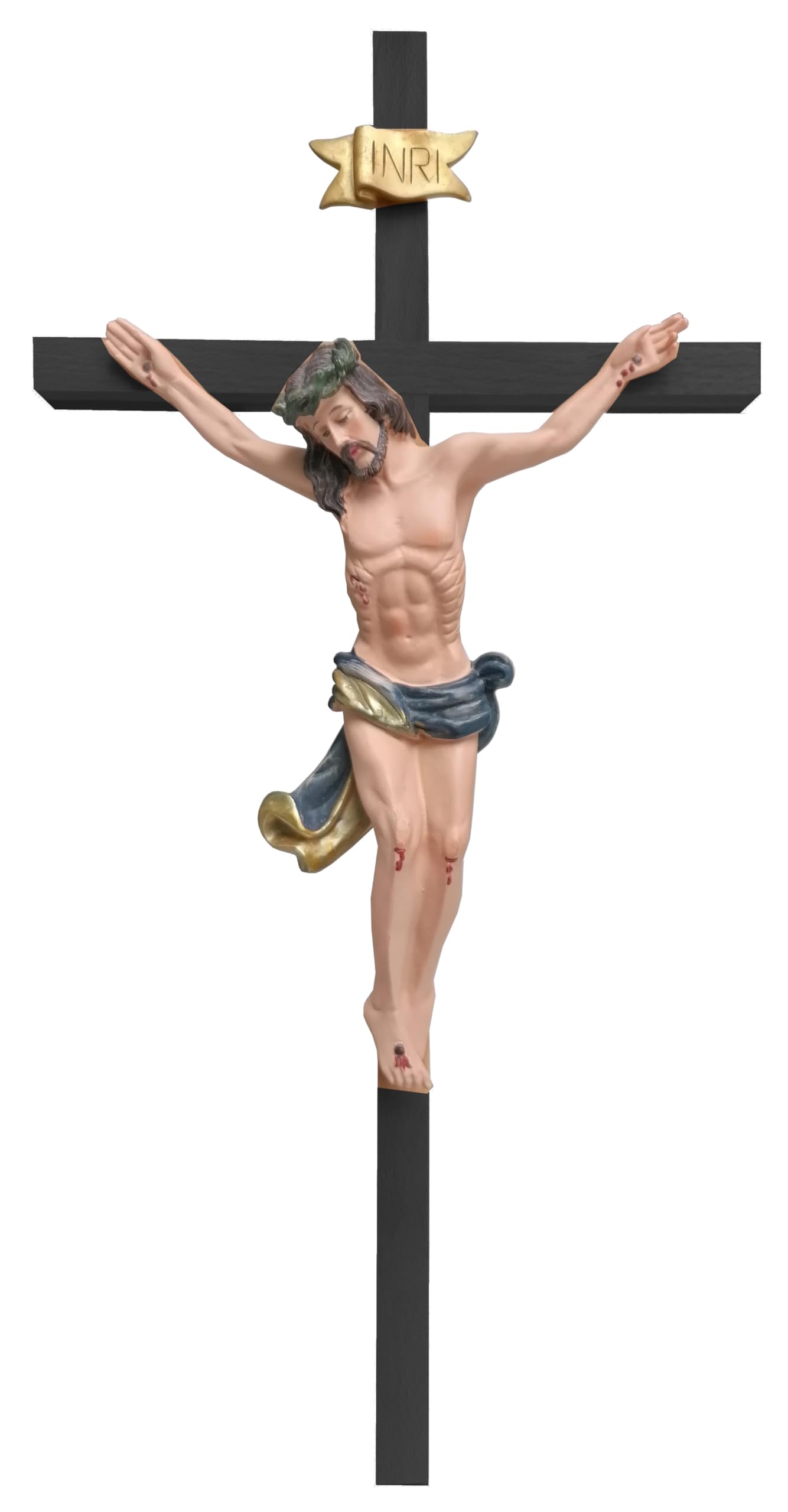 Kaltner Präsente gift idea - Wooden cross crucifix made of real beech wood in black with Jesus Christ figure made of hand-painted artificial stone (height 50 cm)