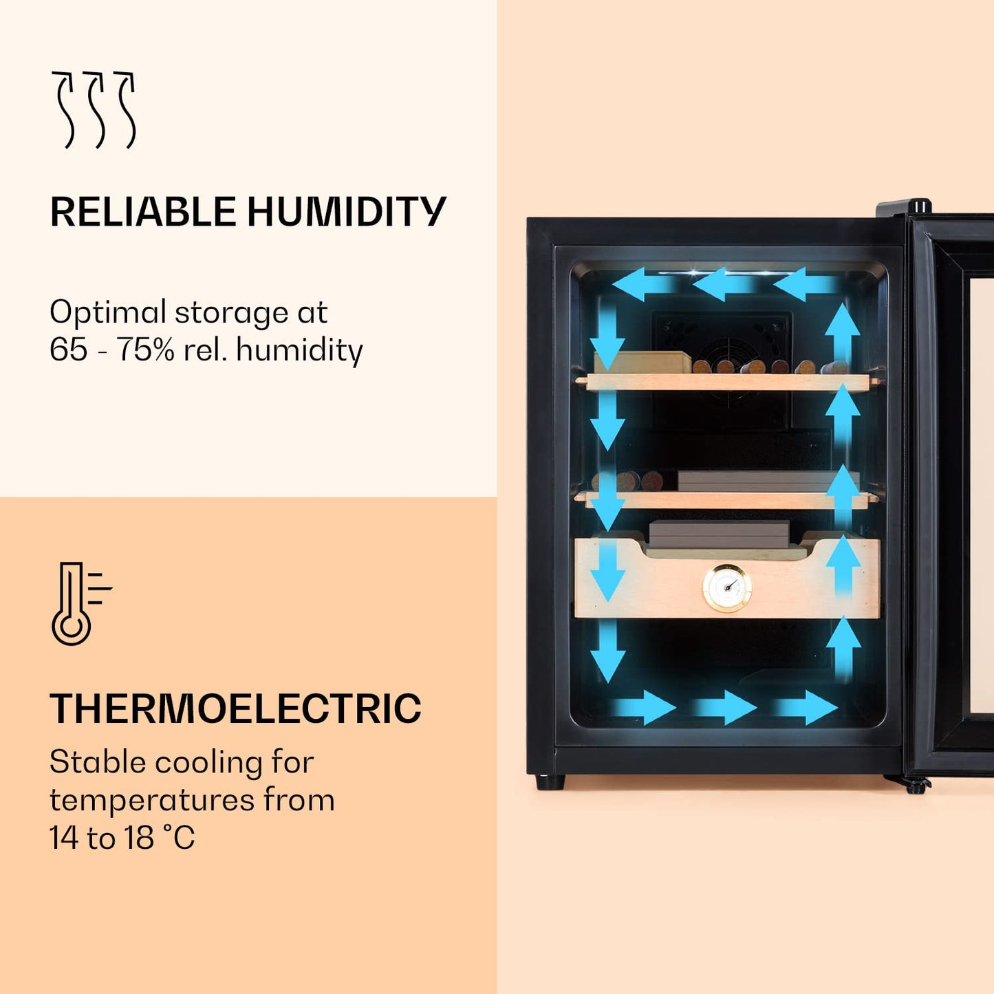 Klarstein El Presidente Cigar Humidor - thermoelectric humidor cabinet with glass door, cedar wood trays, hygrometer, LED interior lighting, 37 liters, black