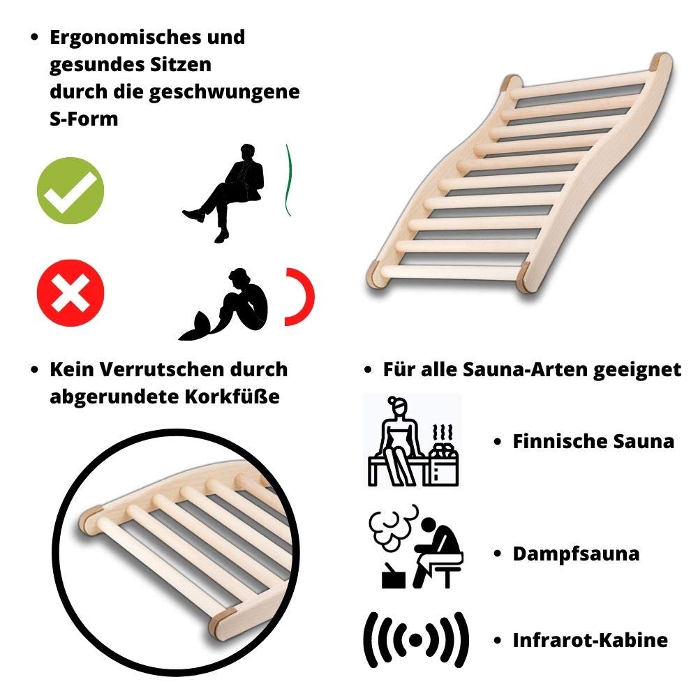2X HOFMEISTER® Sauna backrest made of high-quality lime wood, 51 cm, ergonomically shaped, Made in Europe, non-slip sauna back support, Relax and unwind with headrest