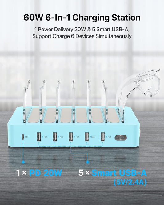 SooPii USB Charging Station 60W/12A, 6-Port Docking Station, Organizer for multiple devices with i Watch Holder, 6 cables included for phones, tablets, and other electronic devices.