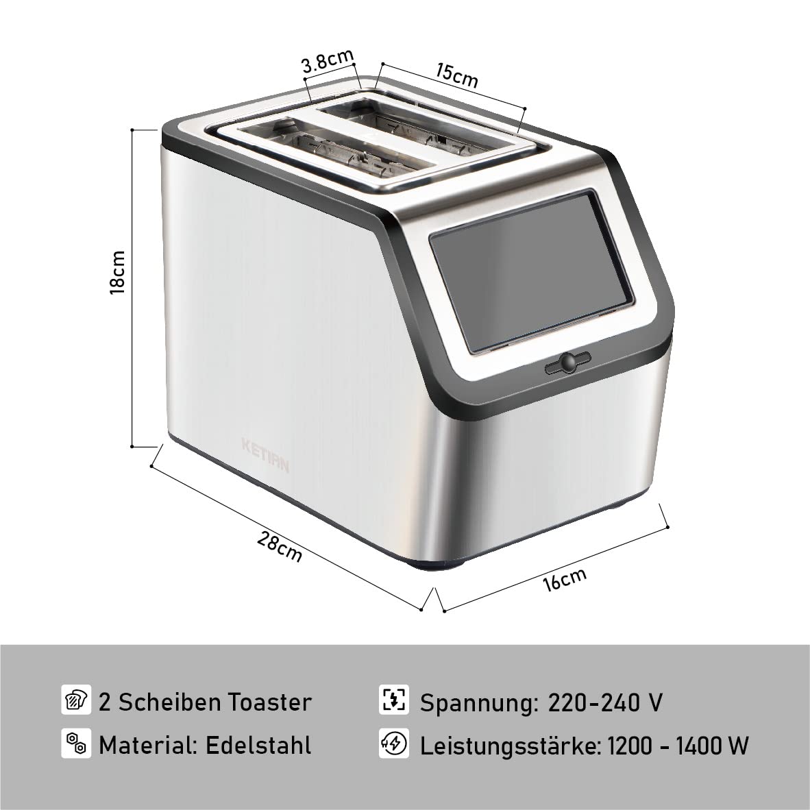 Smart toaster with touchscreen, KETIAN 2-slice toaster, auto shut-off, auto lift & bread centering, stainless steel, 1400W