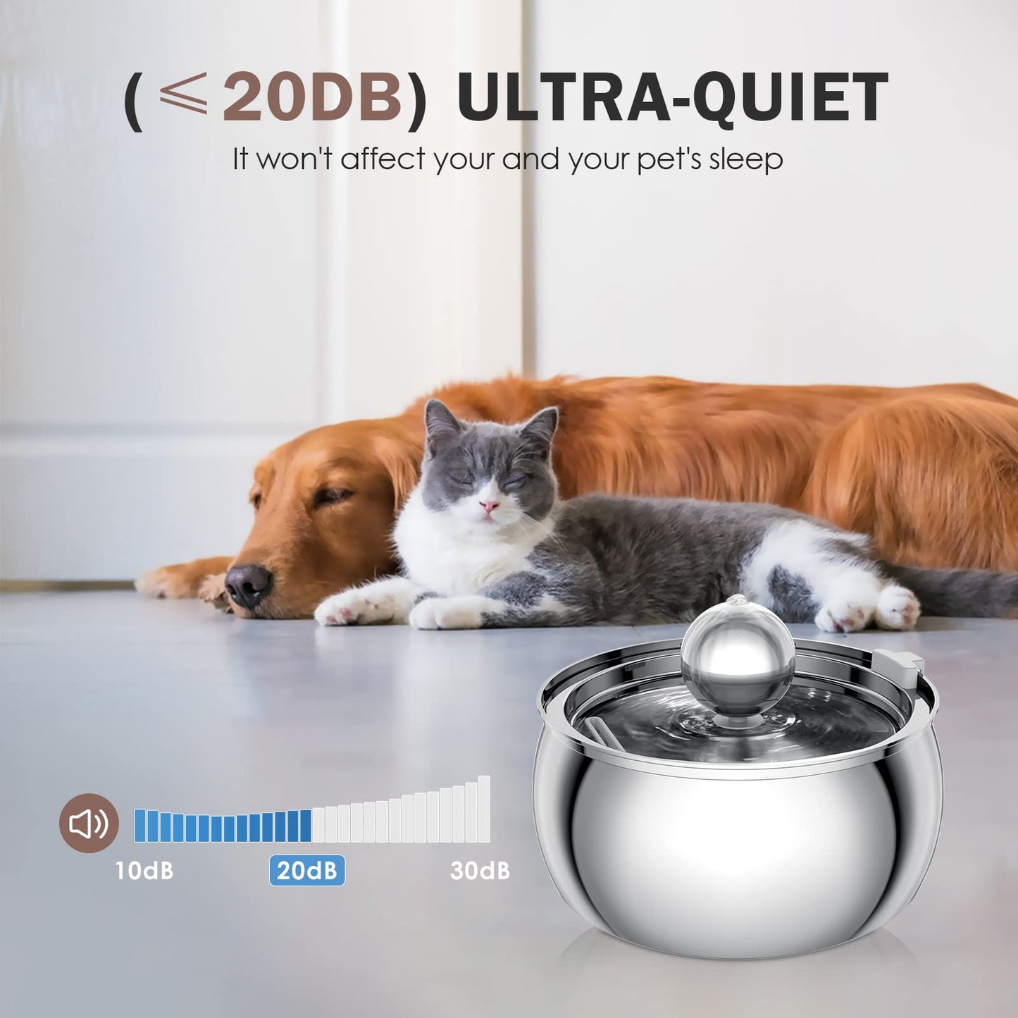 TOMXCUTE Cat Fountain, 4L Drinking Fountain for Cats made of Stainless Steel with Toy Ball Design, Dishwasher Safe, Ultra-Quiet Cat Drinking Fountain with 3 Carbon Filters and 1 Sponge, for multiple