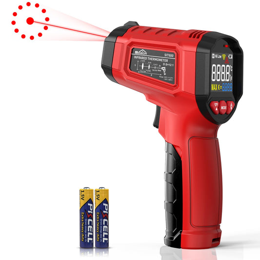 Infrared thermometer, SQECH temperature measuring device -50℃~600℃ (-58℉~1112℉), with adjustable emissivity and colored backlight, for cooking, pizza oven, refrigerator, industrial (Red)