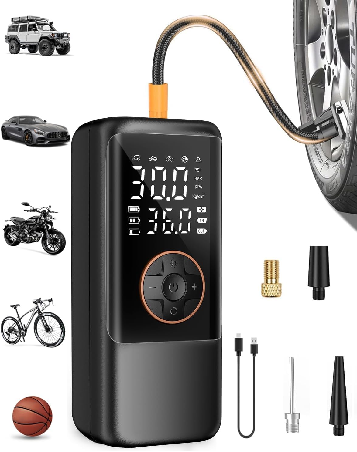 Electric air pump with battery, 150 PSI pump for bike, portable mini compressor with gauge & dual LED display, 12V DC electric tire pump for cars, motorcycles, bikes, and balls.