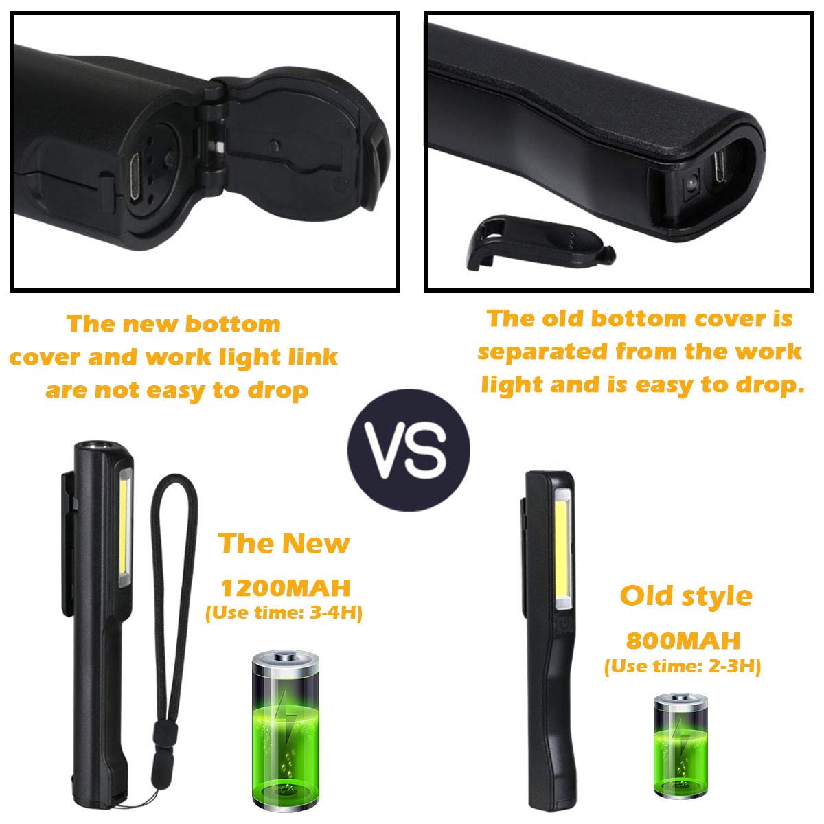 Flintronic LED work light, flashlight workshop lamp rechargeable, 3W head & COB | SOS flashing | Magnetic clip & base | 5 brightness modes for workshop-automotive-camping emergency - 2Pcs