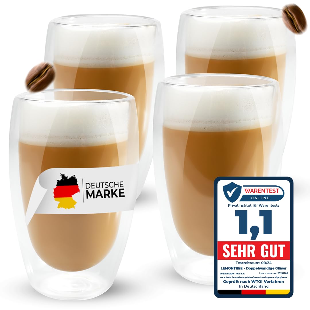 Lemontree 4-piece set of large Latte Macchiato glasses 450ml - double-walled glasses, design coffee cups, tea glasses heat-resistant, cappuccino cups made of borosilicate glass.