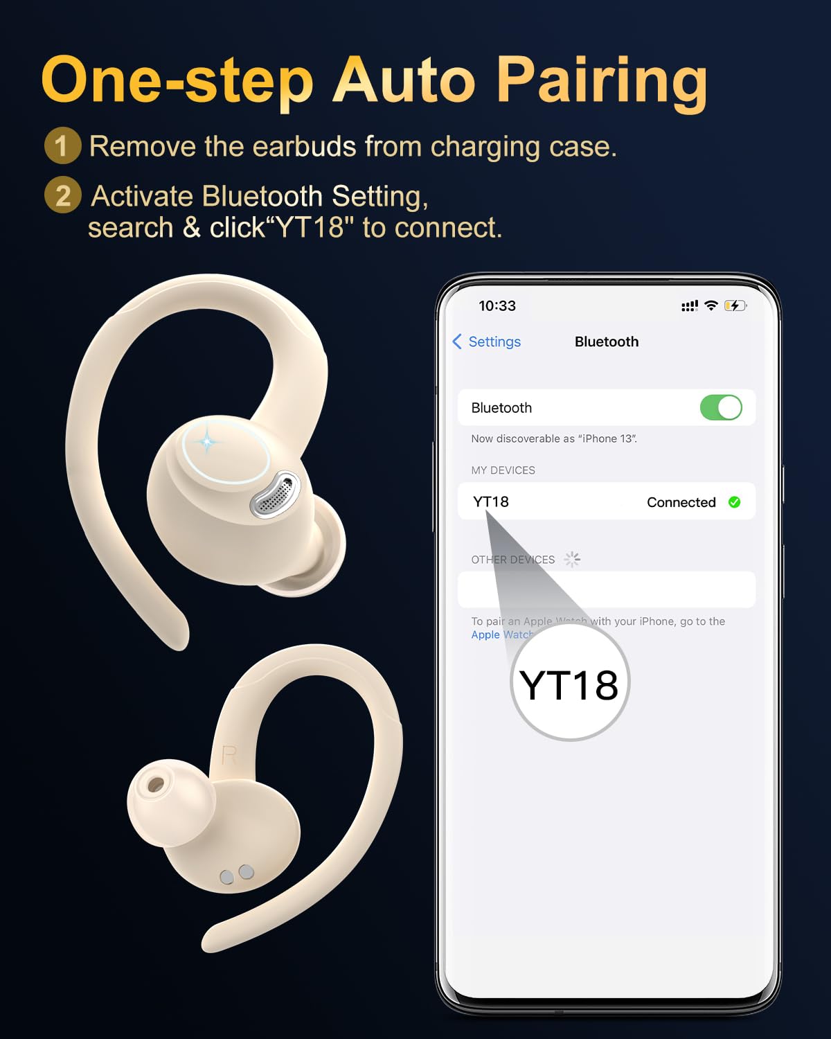 Bluetooth Sport Earphones, Wireless in-Ear Headphones with Bluetooth 5.3, HD Mic, Outstanding Sound, 40 Hrs Playtime, Comfort Fit, Dual LED Display, IP7 Waterproof Earbuds with Ear Hooks, Beige.