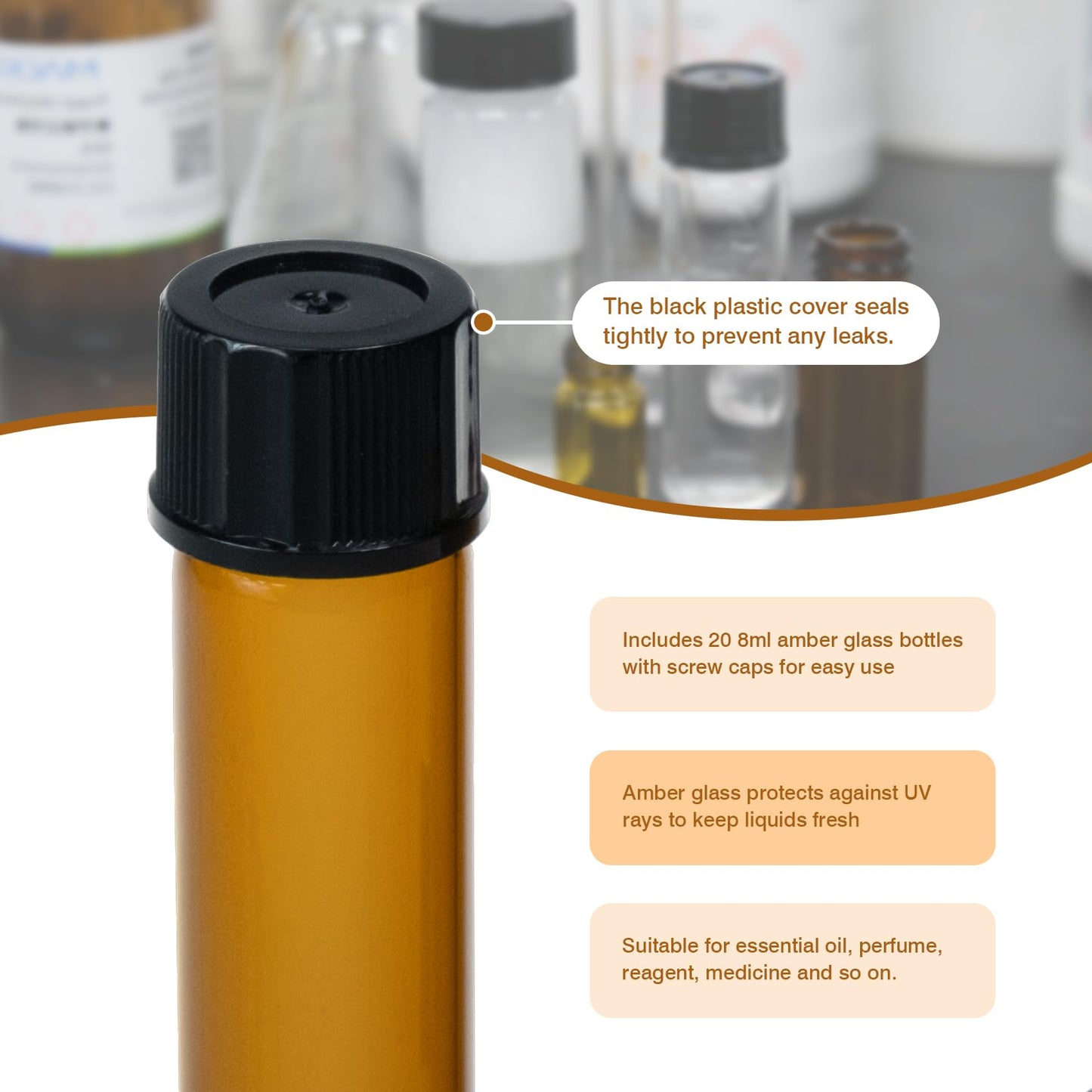 ALWSCI 20pcs 10mL amber glass sample vials 18-400 black closed top PP cap, PE liner sample container laboratory vials 22×52mm
