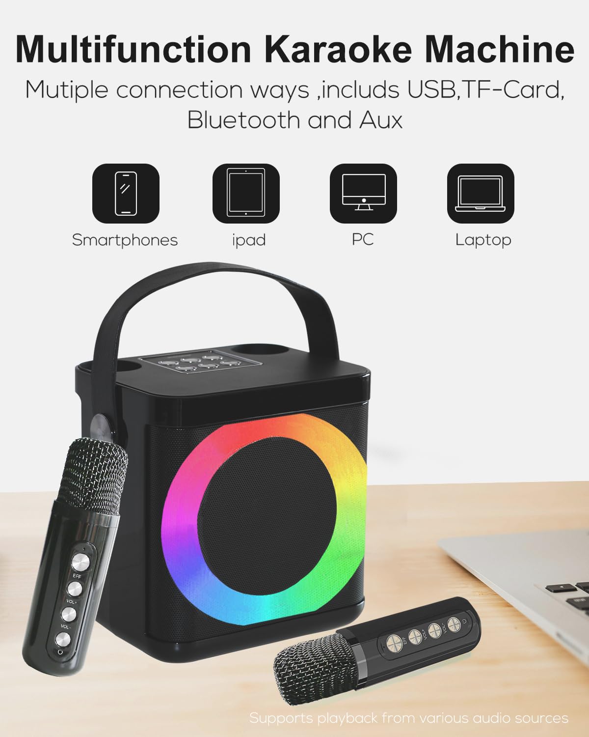 Portable karaoke machine with 2 microphones, Bluetooth karaoke set for kids and adults with voice changing effects & LED lights. Perfect for boys and girls gifts and home parties.