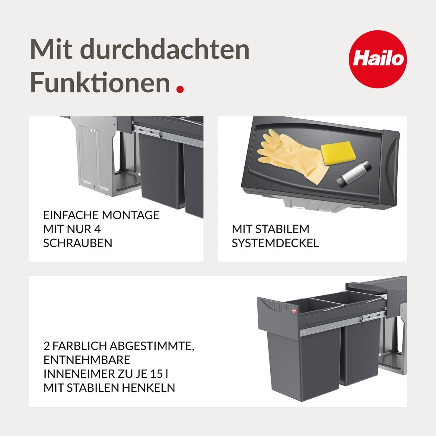 Hailo Tandem 3666101 waste collector | Trash bin for cabinets from 300 mm width with hinged door | Built-in bin with 2x 15L compartments | Full-extension waste separation with telescopic rails | Dark grey